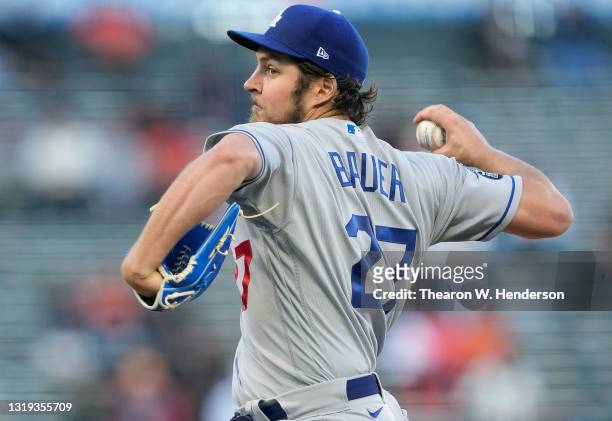 Trevor Bauer of the Los Angeles Dodgers pitches against the San Francisco Giants in the first inning at Oracle Park on May 21, 2021 in San Francisco,...