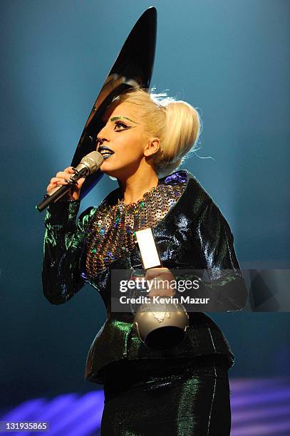 Singer Lady Gaga accepts award onstage during the MTV Europe Music Awards 2011 live show at at the Odyssey Arena on November 6, 2011 in Belfast,...