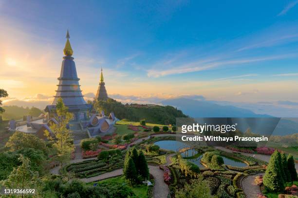 landscape of two pagoda on the top of inthanon mountain, chiang mai, thailand. - chiang mai stock pictures, royalty-free photos & images