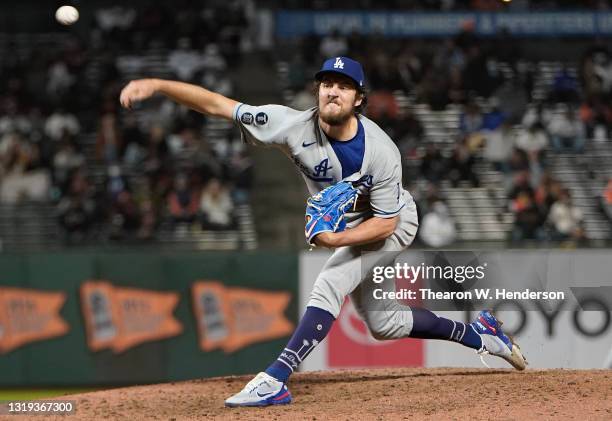 Trevor Bauer of the Los Angeles Dodgers pitches against the San Francisco Giants in the seventh inning at Oracle Park on May 21, 2021 in San...