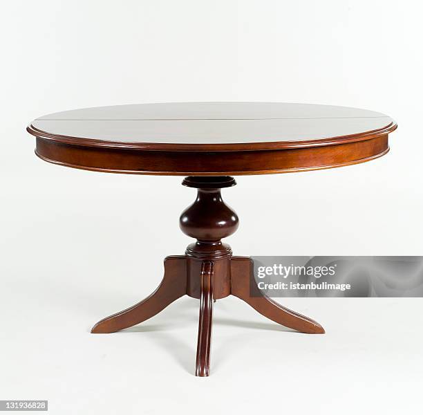 brown antique table with round table top  - old wooden table stock pictures, royalty-free photos & images