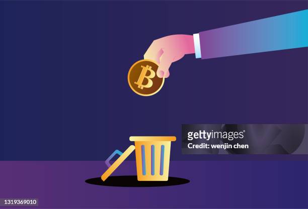 bitcoin was thrown into the trash can - coin toss stock illustrations