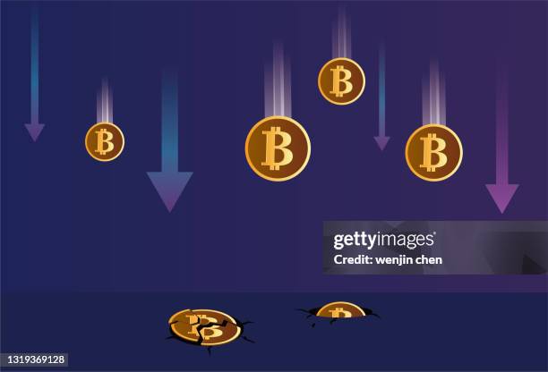ilustraciones, imágenes clip art, dibujos animados e iconos de stock de caída de bitcoin se rompió, el mercado de valores bitcoin cayó - caída de la bolsa de acciones