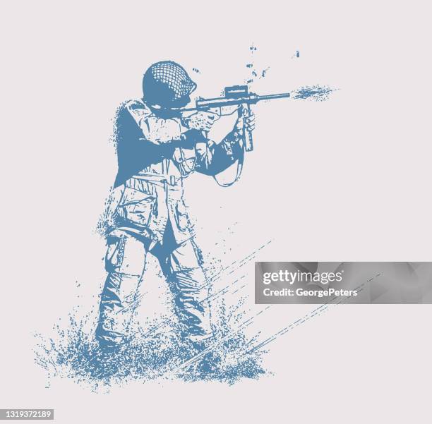 wwii soldat schießt fettpistole am omaha beach - paratrooper stock-grafiken, -clipart, -cartoons und -symbole