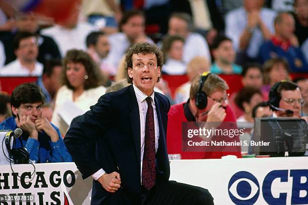 Doug Collins Head Coach of the Chicago Bulls reacts to a play during a game played circa 1989 at Chicago Stadium in Chicago Illinios . NOTE TO USER:...