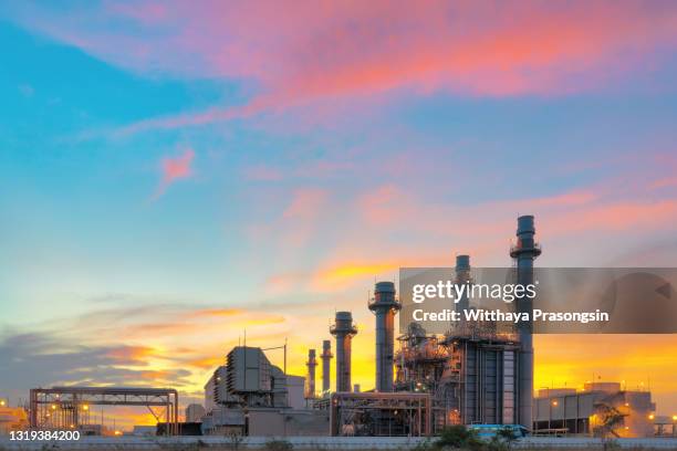 gas turbine electrical power plant at dusk with twilight support all factory in industrial estate - gas turbine electrical power plant stock pictures, royalty-free photos & images
