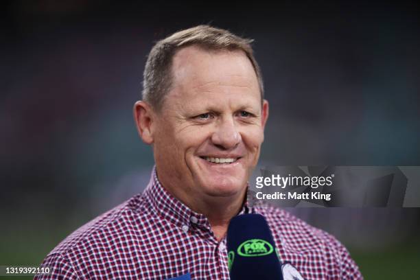 Broncos head coach Kevin Walters is interviewed before the round 11 NRL match between the Sydney Roosters and the Brisbane Broncos at Sydney Cricket...