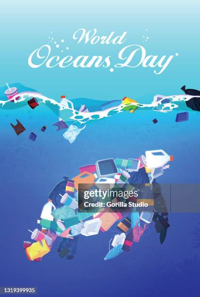 ilustraciones, imágenes clip art, dibujos animados e iconos de stock de artículos de basura forman una tortuga marina en los océanos - world oceans day