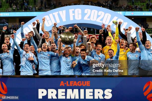 Melbourne City celebrate winning the A-League Premiers Plate during the A-League match between Melbourne City and Central Coast Mariners at AAMI...