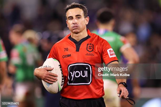 Referee Gerard Sutton leaves the field after the round 11 NRL match between the Canberra Raiders and the Melbourne Storm at GIO Stadium, on May 22 in...