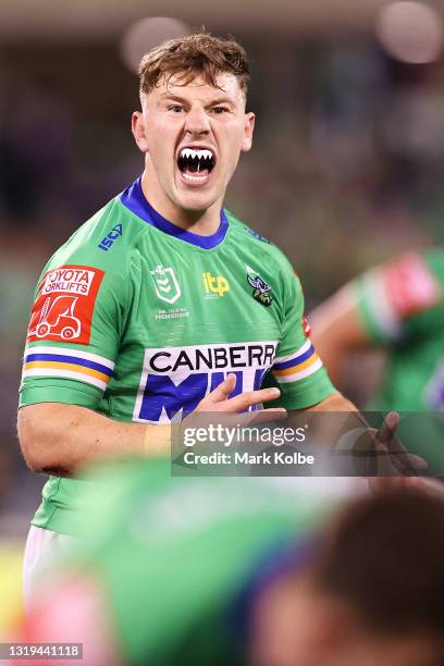 George Williams of the Raiders calls for the ball during the round 11 NRL match between the Canberra Raiders and the Melbourne Storm at GIO Stadium,...