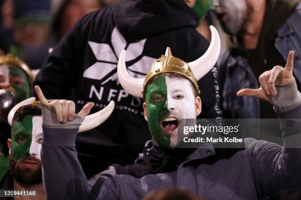 Raiders supporter poses during the round 11 NRL match between the Canberra Raiders and the Melbourne Storm at GIO Stadium, on May 22 in Canberra,...