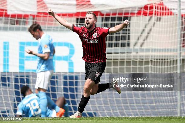 Marc Stendera of FC Ingolstadt celebrates after scoring his teams second goal past goalkeeper Tom Kretzschmar of TSV 1860 Muenchen during the 3. Liga...