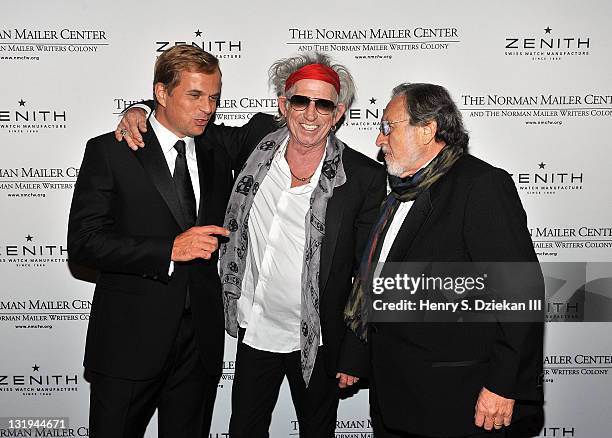 Jean Frederic Dufour, Keith Richards and Lawrence Schiller attend the 3rd Annual Norman Mailer Center Gala at the Mandarin Oriental Hotel on November...