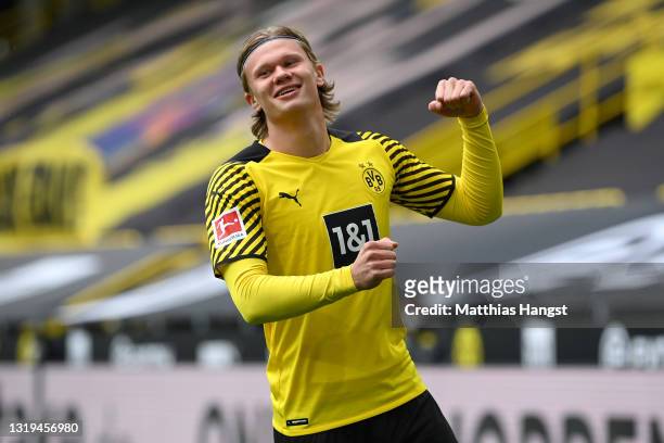 Erling Haaland of Borussia Dortmund celebrates after scoring their team's first goal during the Bundesliga match between Borussia Dortmund and Bayer...