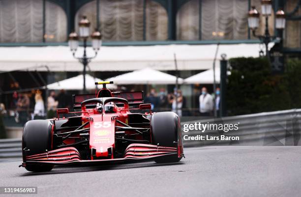 Carlos Sainz of Spain driving the Scuderia Ferrari SF21 on track during qualifying for the F1 Grand Prix of Monaco at Circuit de Monaco on May 22,...
