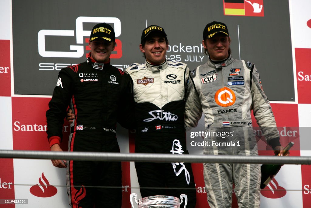 2010 GP3 Series..Round 5..Hockenheim, Germany. 24th July 2010. .Saturday Race..Robert Wickens, (CAN, Status Grand Prix) celebrates victory on the podium with James Jakes, (GBR, Manor Racing) and Renger Van Der Zande, (NED, RSC Mucke Motorsport). .Portrait