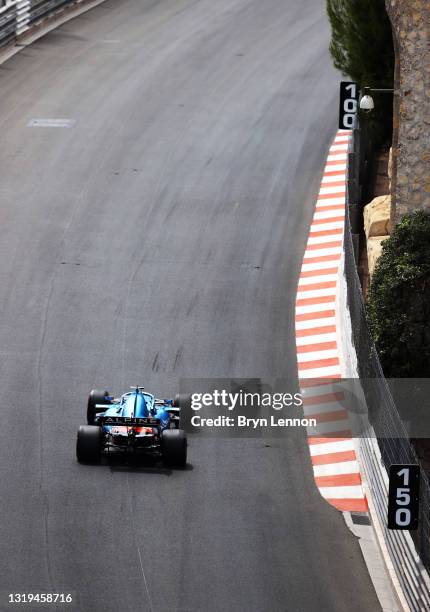 Fernando Alonso of Spain driving the Alpine A521 Renault on track during qualifying for the F1 Grand Prix of Monaco at Circuit de Monaco on May 22,...