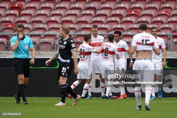 Sasa Kalajdzic of VfB Stuttgart celebrates after scoring their team's first goal with Gonzalo Castro, Philipp Klement and Roberto Massimo during the...