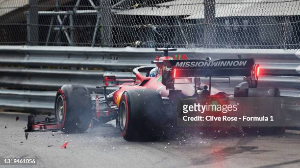 Pole position qualifier Charles Leclerc of Monaco and Ferrari crashes during qualifying for the F1 Grand Prix of Monaco at Circuit de Monaco on May...