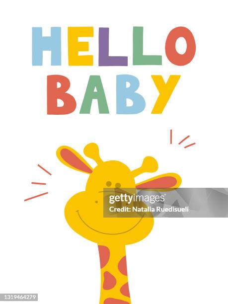 hand drawn greeting card with cute giraffe and hello baby text on white background. - baby animals stock-fotos und bilder