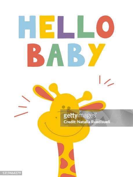 hand drawn greeting card with cute giraffe and hello baby text on white background. - baby giraffe - fotografias e filmes do acervo