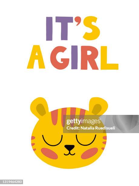 it's a girl hand drawn greeting card. baby nursery cute poster illustration with baby tiger head. - it's a girl stock-fotos und bilder