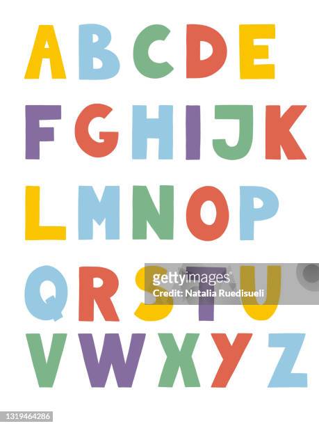 alphabet poster with colorful letters on white background. hand drawn illustration. - alphabet imagens e fotografias de stock