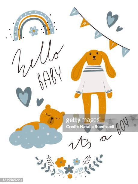 it's a boy hand drawn greeting card. baby nursery cute poster illustration in blue and orange colors. - modern baby nursery stock pictures, royalty-free photos & images