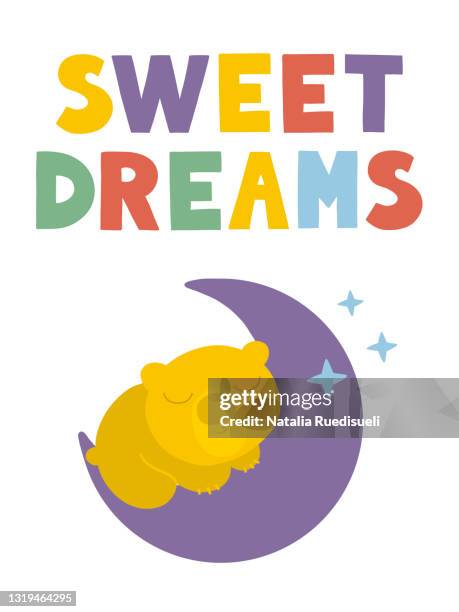 hand drawn greeting card with cute sleeping bear on the mond and sweet dreams text. - natalia star stock pictures, royalty-free photos & images