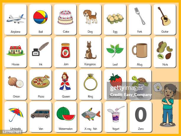 stellen sie bilder von cartoons die darstellung der englischen buchstaben in der reihenfolge von a bis z in groß- und kleinbuchstaben. grundlegendes vokabular auf englisch. - teacher flash cards stock-grafiken, -clipart, -cartoons und -symbole