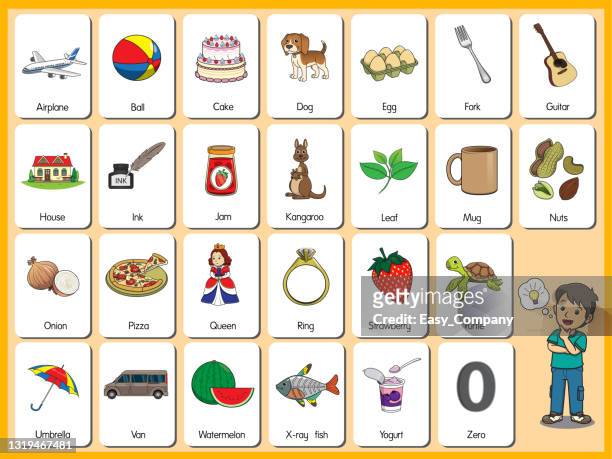 set pictures of cartoons the representation of the english letters in order from a to z in both uppercase and lowercase letters.basic vocabulary in english. - flash card stock illustrations