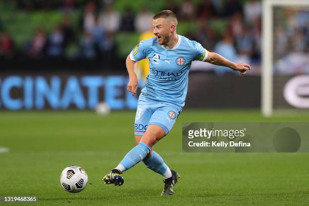 Scott Jamieson of Melbourne City controls the ball during the A-League match between Melbourne City and Central Coast Mariners at AAMI Park, on May...
