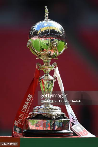 Detailed view of the FA Trophy prior to the FA Trophy Final between Hereford and Hornchurch at Wembley Stadium on May 22, 2021 in London, England. A...