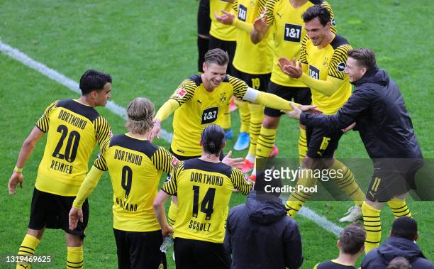 Lukasz Piszczek of Borussia Dortmund leaves the pitch after his last game for the club during the Bundesliga match between Borussia Dortmund and...