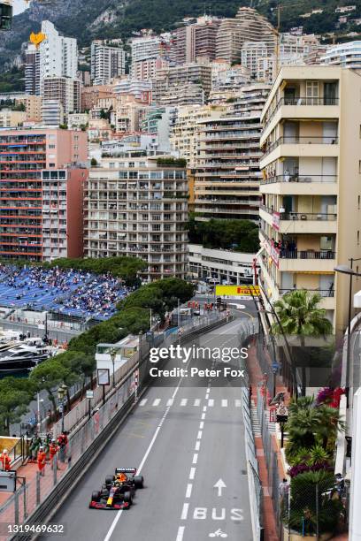 Sergio Perez of Mexico and Red Bull Racing during practice/qualifying ahead of the F1 Grand Prix of Monaco at Circuit de Monaco on May 22, 2021 in...