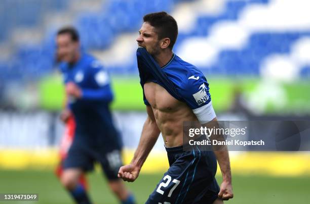 Andrej Kramaric of TSG 1899 Hoffenheim celebrates after scoring their side's second goal during the Bundesliga match between TSG Hoffenheim and...