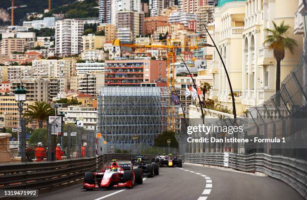 Oscar Piastri of Australia and Prema Racing leads a line of cars during the Feature Race of Round 2:Monte Carlo of the Formula 2 Championship at...