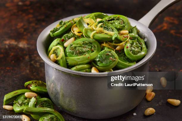 fiddle heads with lemon butter and pine nuts - broto de samambaia imagens e fotografias de stock