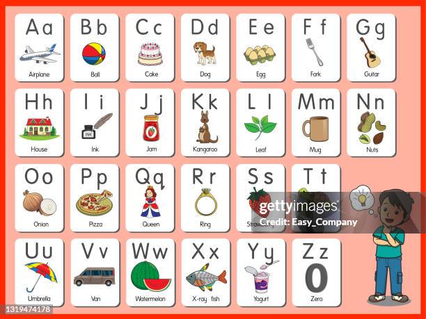 stellen sie bilder von cartoons die darstellung der englischen buchstaben in der reihenfolge von a bis z in groß- und kleinbuchstaben. grundlegendes vokabular auf englisch. - school classe picture stock-grafiken, -clipart, -cartoons und -symbole