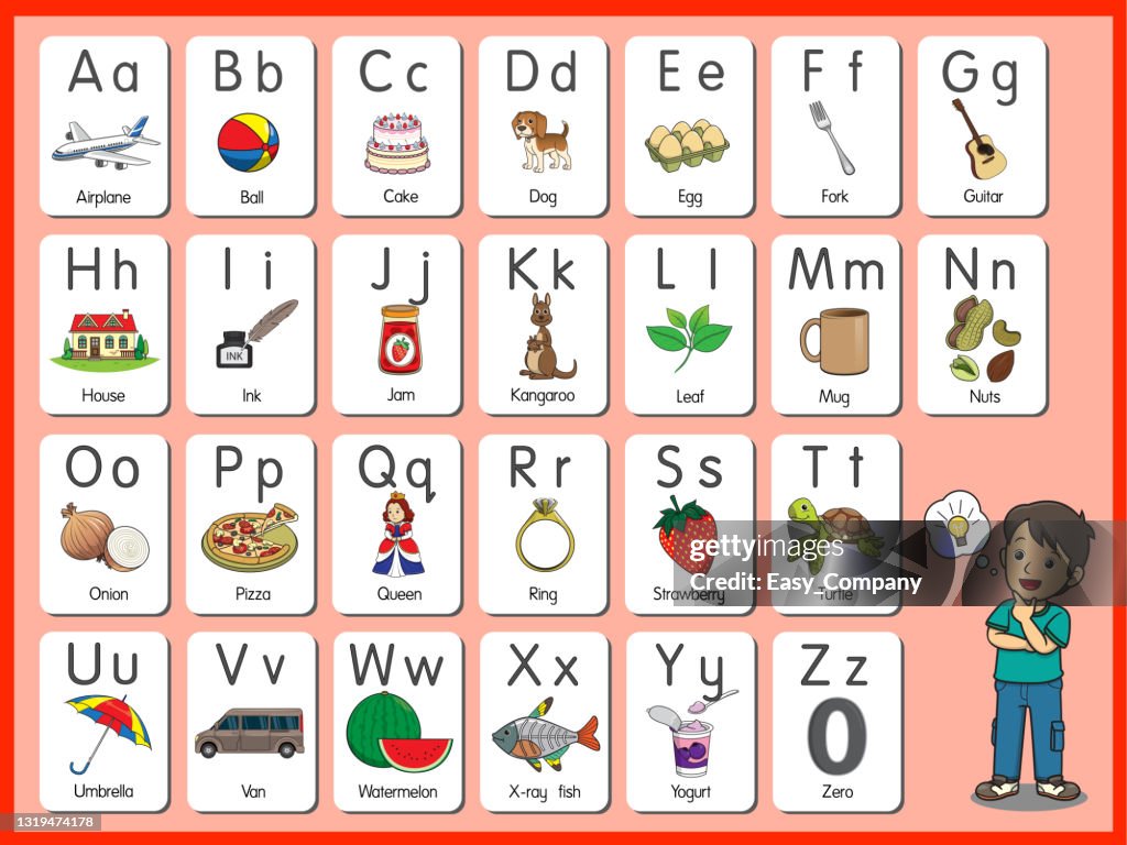 Set pictures of cartoons The representation of the English letters in order from A to Z in both uppercase and lowercase letters.Basic vocabulary in English.