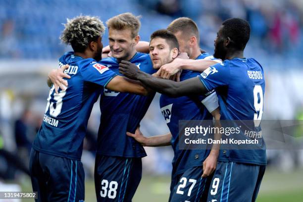 Andrej Kramaric of TSG 1899 Hoffenheim celebrates with team mates after scoring their side's second goal the Bundesliga match between TSG Hoffenheim...