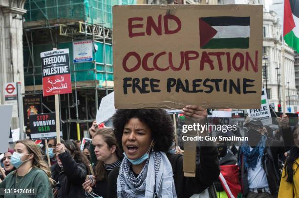 Huge demonstration of tens of thousands of people marches from the Embankment to Hyde park in solidarity with the Palestinian people on May 22, 2021...