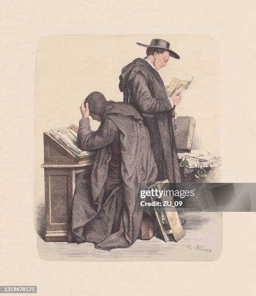 ilustrações de stock, clip art, desenhos animados e ícones de religious habit, benedictine monks, hand-colored wood engraving, published ca. 1880 - beneditino