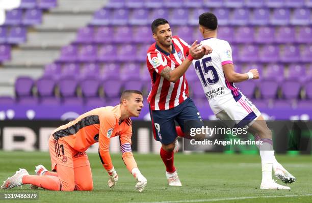 Luis Suarez of Atletico de Madrid celebrates after scoring their side's second goal during the La Liga Santander match between Real Valladolid CF and...