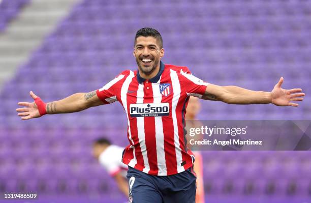 Luis Suarez of Atletico de Madrid celebrates after scoring their side's second goal during the La Liga Santander match between Real Valladolid CF and...