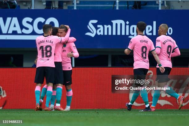 Antoine Griezmann of Barcelona celebrates after scoring his team's first goal during the La Liga Santander match between SD Eibar and FC Barcelona at...