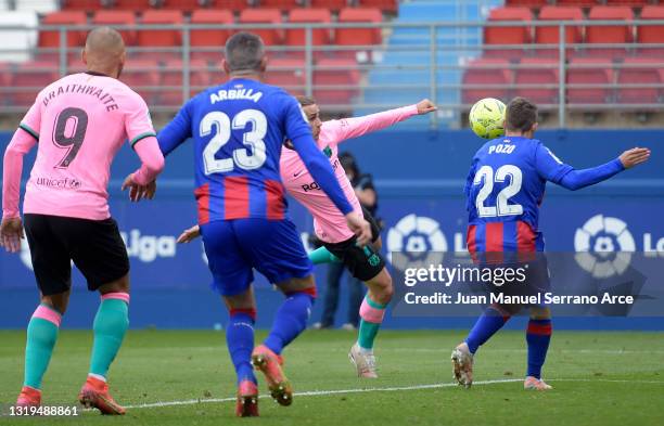 Antoine Griezmann of FC Barcelona scores their team's first goal during the La Liga Santander match between SD Eibar and FC Barcelona at Estadio...