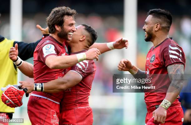 Maxime Medard, Cheslin Kolbe and Pita Ahki of Toulouse celebrate following the Heineken Champions Cup Final between La Rochelle and Toulouse at...