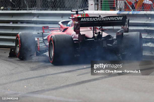 Pole position qualifier Charles Leclerc of Monaco and Ferrari crashes during qualifying for the F1 Grand Prix of Monaco at Circuit de Monaco on May...